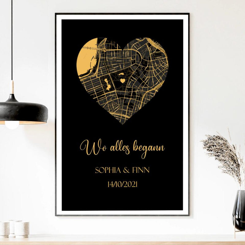 Personalisierte Stadtkarte für Paare als Poster "Wo alles begann" in Goldgelb & Schwarz – Einfach Ort eingeben und gestalten