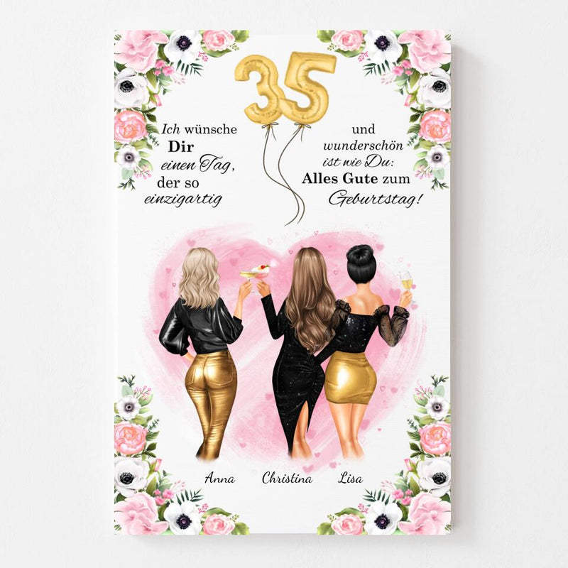 Beste Freundinnen Leinwand als Geburtstagsgeschenk mit Blumen gestaltbar – Poster für 2 oder 3 Freundinnen