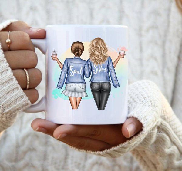 "Soul Sisters" Beste Freundinnen Tasse zum personalisieren mit Pastell-Hintergrund