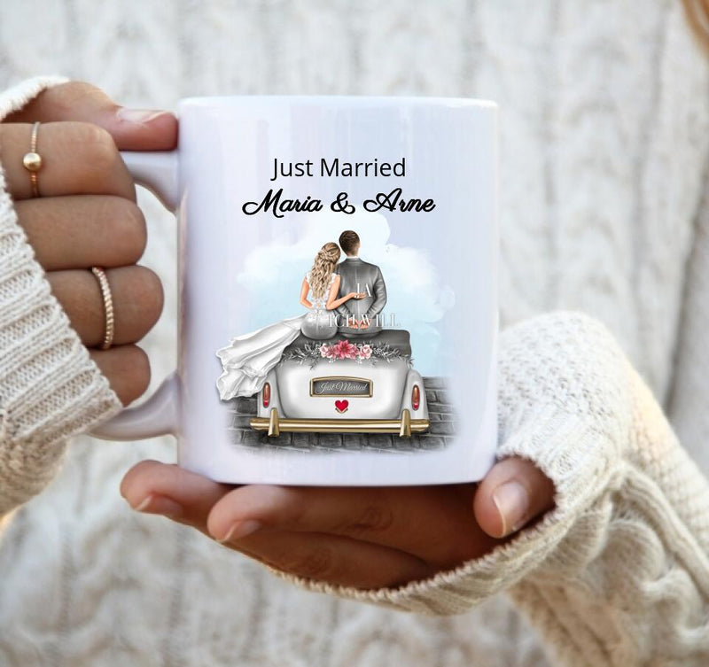 "Just Married" Personalisierbare Kaffeetasse als Geschenk zur Hochzeit für Brautpaare