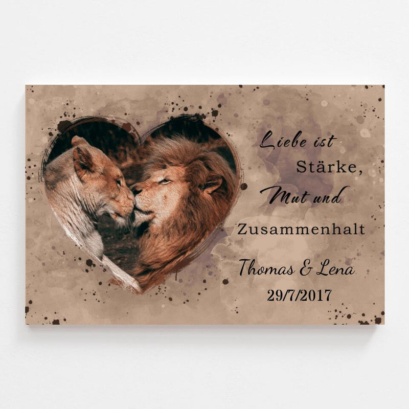 Personalisierte Leinwand "Das Löwenpaar" im Aquarell-Stil Hintergrund in schwarz-weiß & Farbe