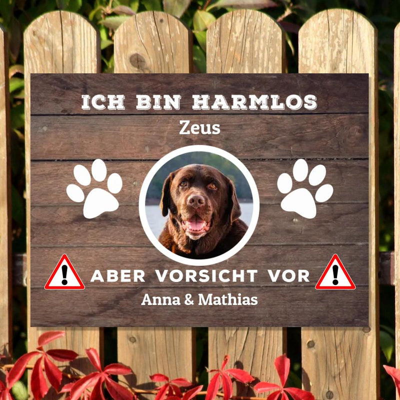 Hunde Alu-Türschild "Ich bin harmlos" - individuell personalisierbar