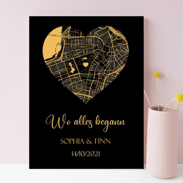 Personalisierte Stadtkarte für Paare "Wo alles begann" im Herz-Design in Goldgelb & Schwarz