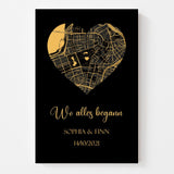 Personalisierte Stadtkarte für Paare "Wo alles begann" im Herz-Design in Goldgelb & Schwarz