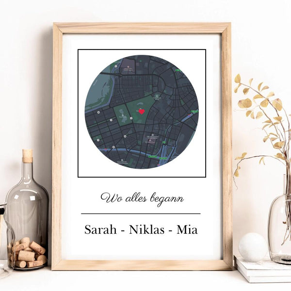 Personalisierte Landkarte als Poster "Wo alles begann" – Unterschiedliche Stadtkarten & Farben auswählbar