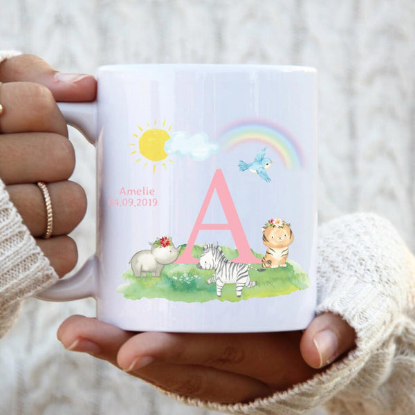 Personalisierbare A-Z Alphabet Kaffee Tasse für Mädchen mit Baby Afrika Tieren