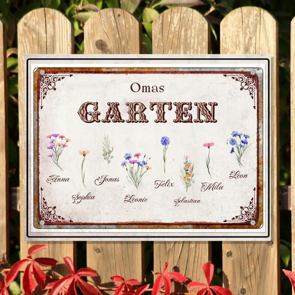 Personalisiertes Garten Türschild aus Metall "Omas Garten" individuell gestaltbar – Bis zu 8 Blumen abbildbar