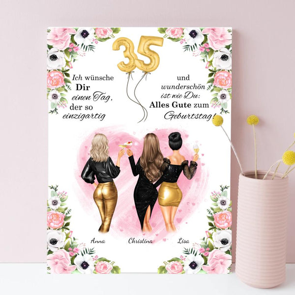 Beste Freundinnen Leinwand als Geburtstagsgeschenk mit Blumen gestaltbar – Poster für 2 oder 3 Freundinnen - Print my Hero