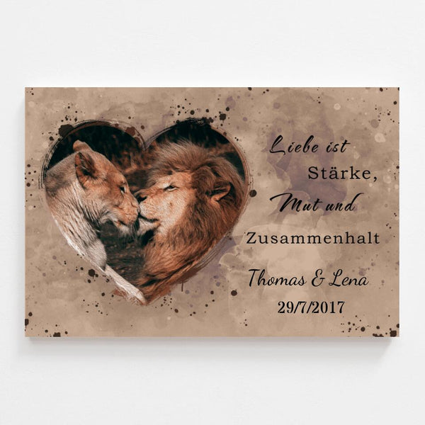 Personalisierte Leinwand "Das Löwenpaar" im Aquarell-Stil Hintergrund in schwarz-weiß & Farbe - Print my Hero