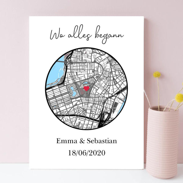 Personalisierte Stadtkarte als Leinwand mit unterschiedlichen Hintergründen – Unterschiedliche Karten & Sprüche auswählbar - Print my Hero