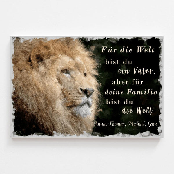 Personalisiertes Leinwandbild "Löwenvater" im Querformat mit Namen in Farbe & schwarz-weiß - Print my Hero